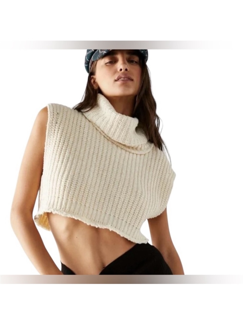 Free People Cream Chunky Knit Turtleneck Crop Top